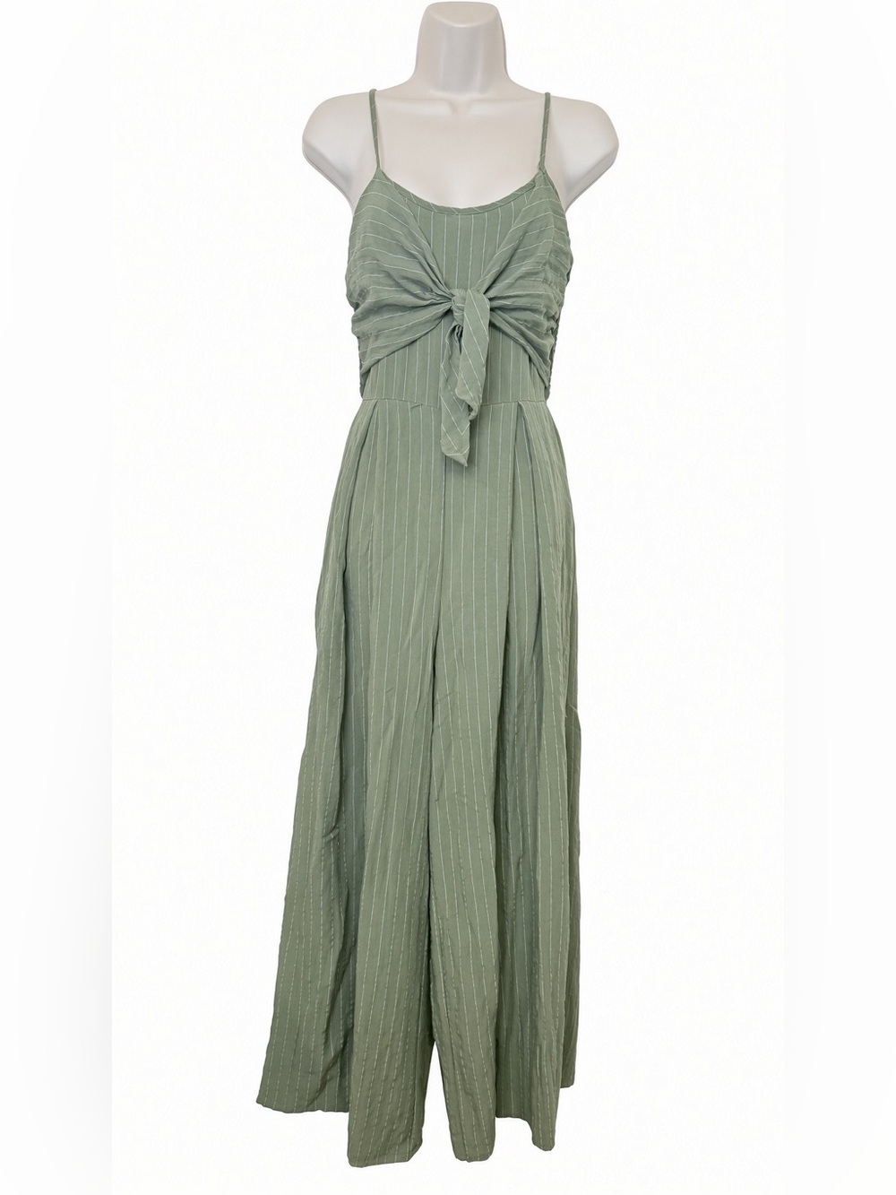 Flying Tomato Wide Leg Pinstripe Tie Front Keyhole Back Strap Jumpsuit Green S